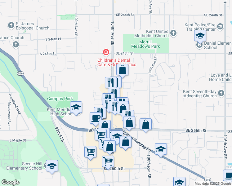 map of restaurants, bars, coffee shops, grocery stores, and more near 25206 Washington 515 in Kent