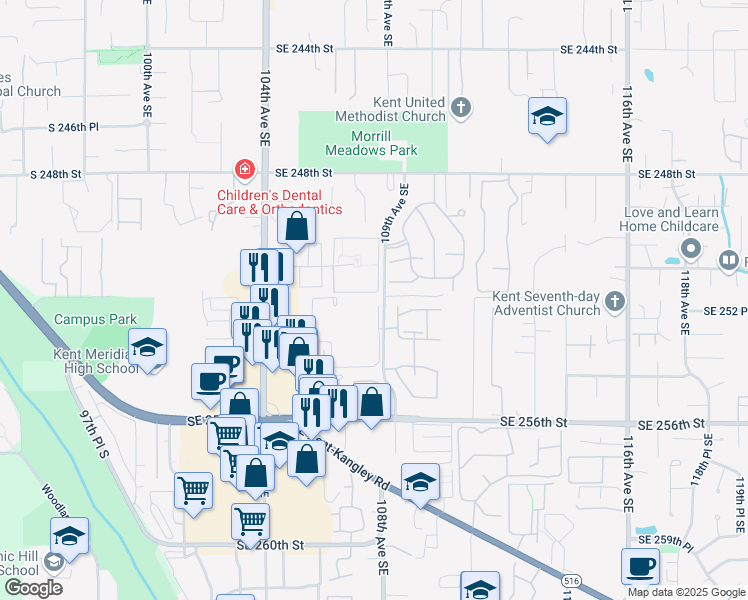 map of restaurants, bars, coffee shops, grocery stores, and more near 25205 108th Avenue Southeast in Kent