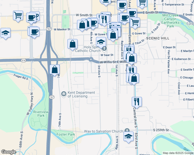 map of restaurants, bars, coffee shops, grocery stores, and more near 617 3rd Avenue South in Kent