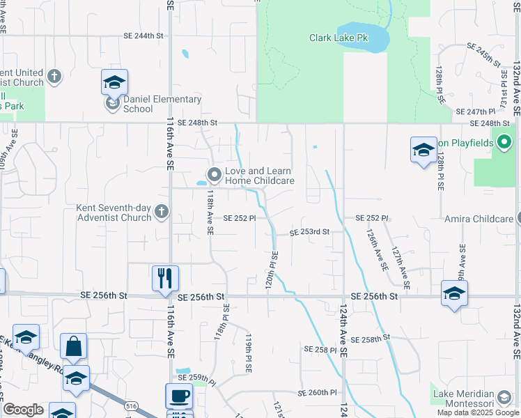 map of restaurants, bars, coffee shops, grocery stores, and more near 25123 120th Place Southeast in Kent