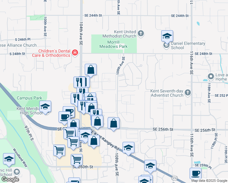 map of restaurants, bars, coffee shops, grocery stores, and more near 25205 108th Avenue Southeast in Kent