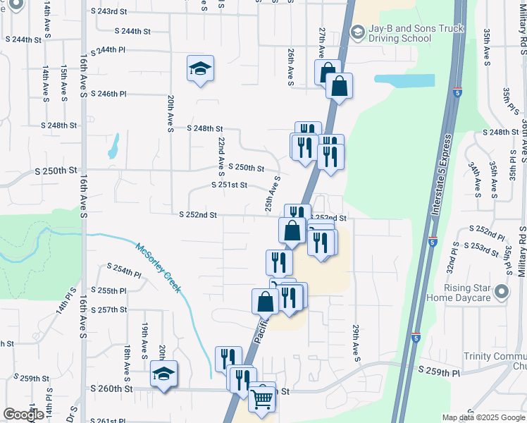 map of restaurants, bars, coffee shops, grocery stores, and more near 25127 25th Avenue South in Kent