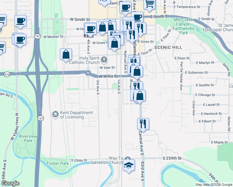 map of restaurants, bars, coffee shops, grocery stores, and more near 615 1st Avenue South in Kent