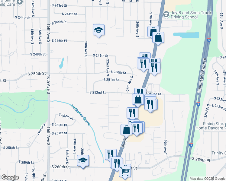 map of restaurants, bars, coffee shops, grocery stores, and more near 2222 South 252nd Street in Kent