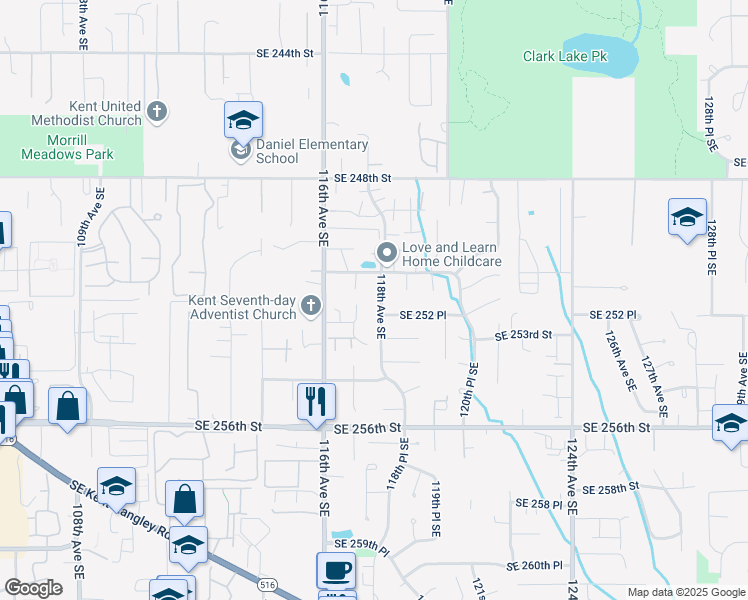 map of restaurants, bars, coffee shops, grocery stores, and more near 11804 Southeast 252 Place in Kent