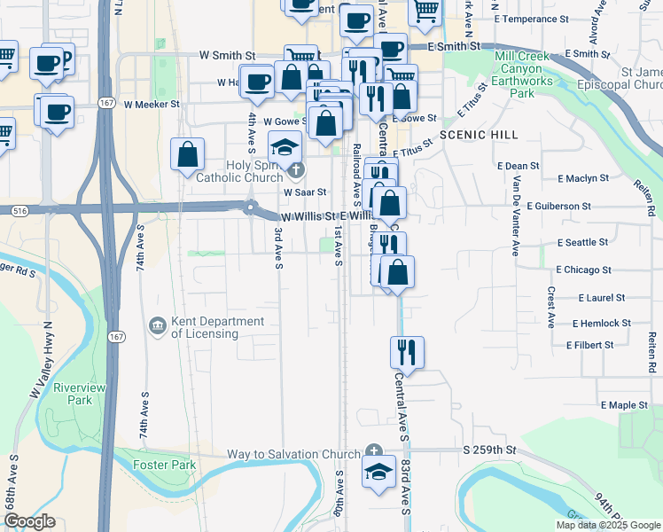 map of restaurants, bars, coffee shops, grocery stores, and more near 615 1st Avenue South in Kent