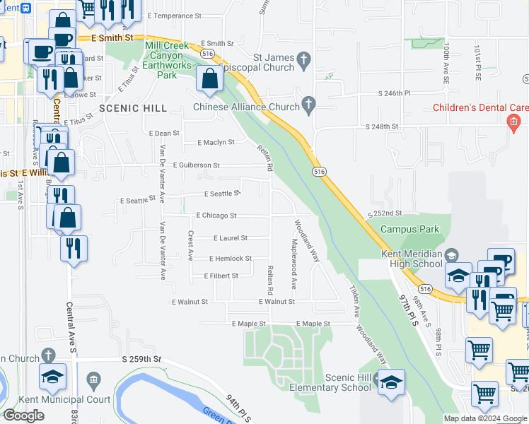 map of restaurants, bars, coffee shops, grocery stores, and more near 617 Reiten Road in Kent