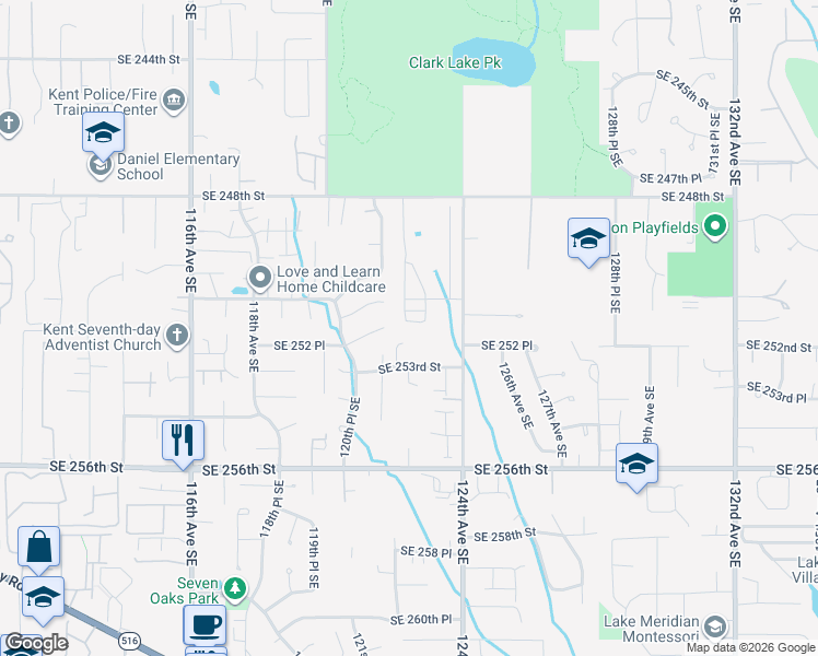 map of restaurants, bars, coffee shops, grocery stores, and more near 12215 Southeast 251st Place in Kent