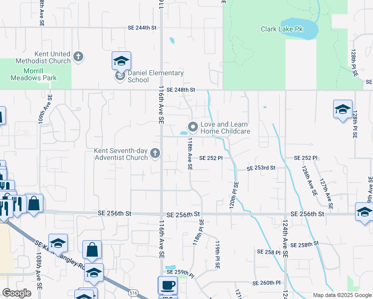 map of restaurants, bars, coffee shops, grocery stores, and more near 11804 Southeast 252 Place in Kent