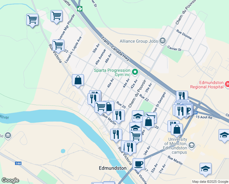 map of restaurants, bars, coffee shops, grocery stores, and more near 63 45e Av in Edmundston