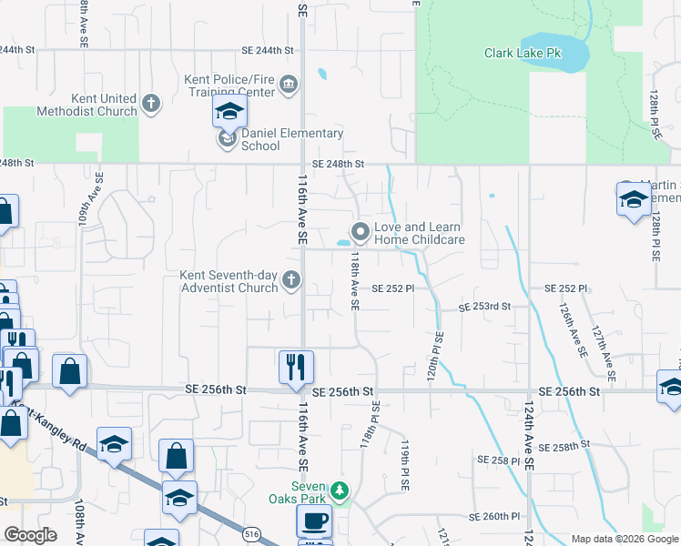 map of restaurants, bars, coffee shops, grocery stores, and more near 11632 Southeast 252 Place in Kent