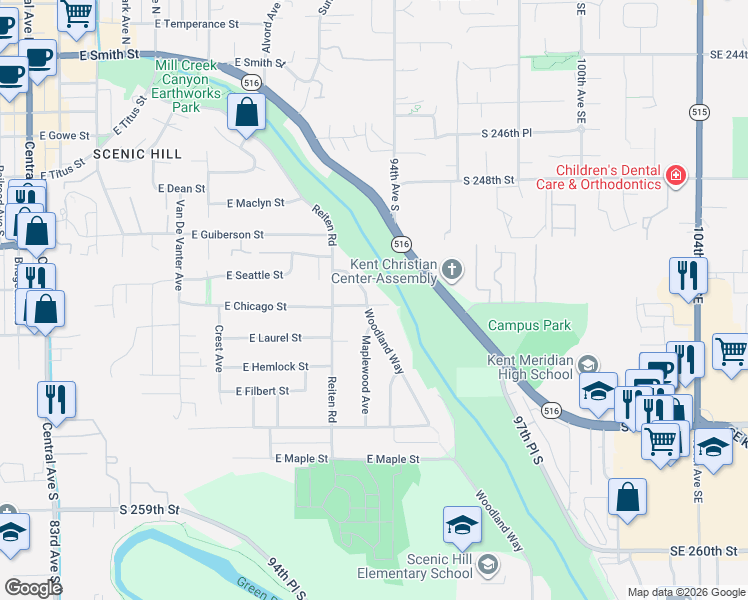 map of restaurants, bars, coffee shops, grocery stores, and more near 607 Woodland Way in Kent