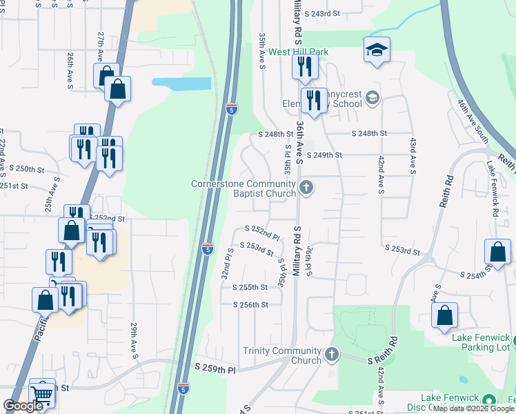 map of restaurants, bars, coffee shops, grocery stores, and more near 3403 South 251st Place in Kent