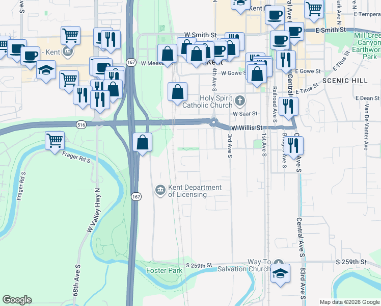 map of restaurants, bars, coffee shops, grocery stores, and more near 615 Rachael Place in Kent