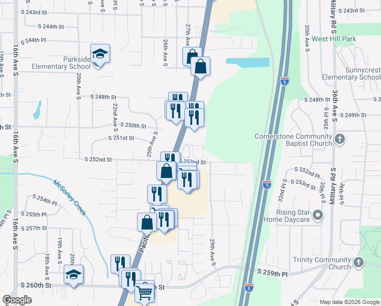 map of restaurants, bars, coffee shops, grocery stores, and more near 25104 Pacific Highway South in Kent