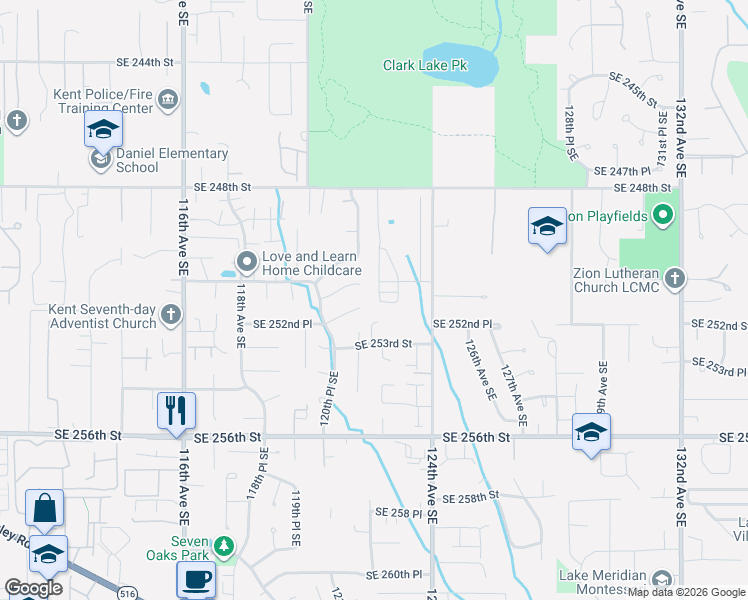 map of restaurants, bars, coffee shops, grocery stores, and more near 12215 Southeast 251st Place in Kent