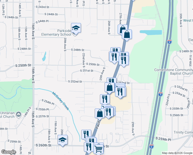 map of restaurants, bars, coffee shops, grocery stores, and more near 25127 25th Avenue South in Kent