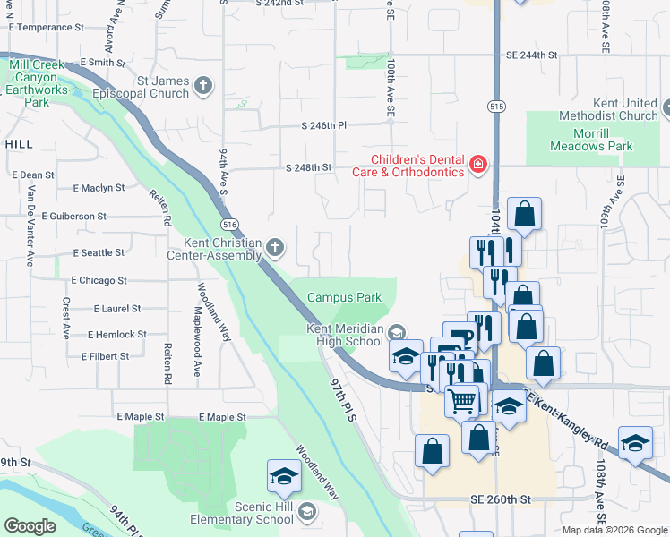 map of restaurants, bars, coffee shops, grocery stores, and more near 9812 South 252nd Street in Kent