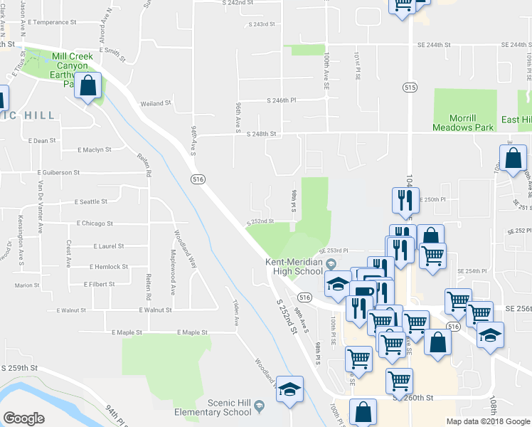 map of restaurants, bars, coffee shops, grocery stores, and more near 25119 97th Place Street in Kent