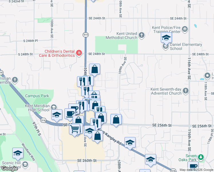 map of restaurants, bars, coffee shops, grocery stores, and more near 10615 Southeast 250th Place in Kent