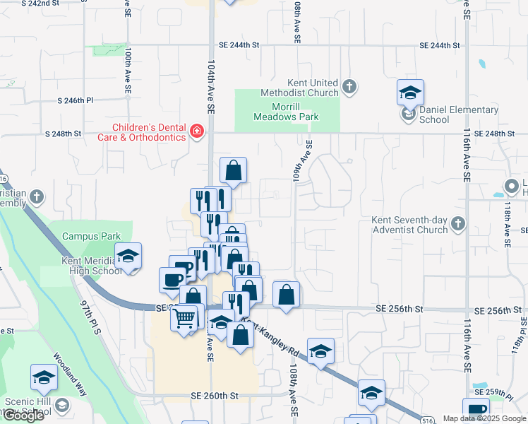 map of restaurants, bars, coffee shops, grocery stores, and more near 10615 Southeast 250th Place in Kent