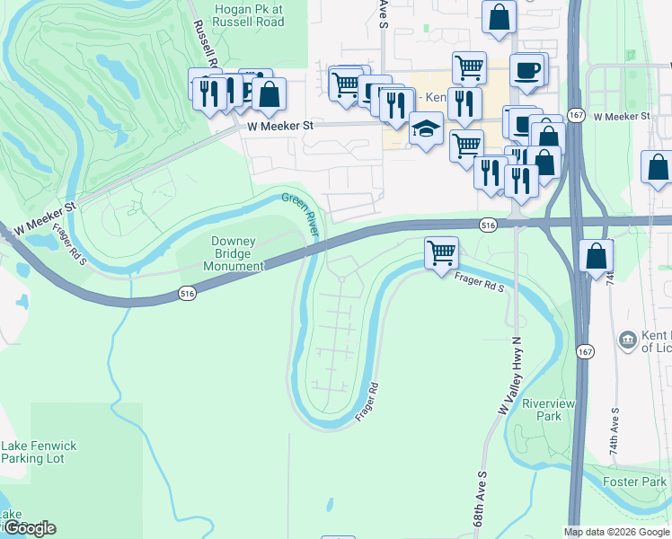 map of restaurants, bars, coffee shops, grocery stores, and more near 25107 62nd Avenue South in Kent