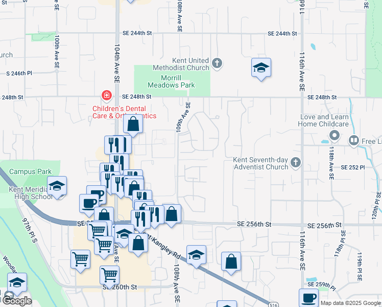 map of restaurants, bars, coffee shops, grocery stores, and more near 10926 Southeast 252 Place in Kent