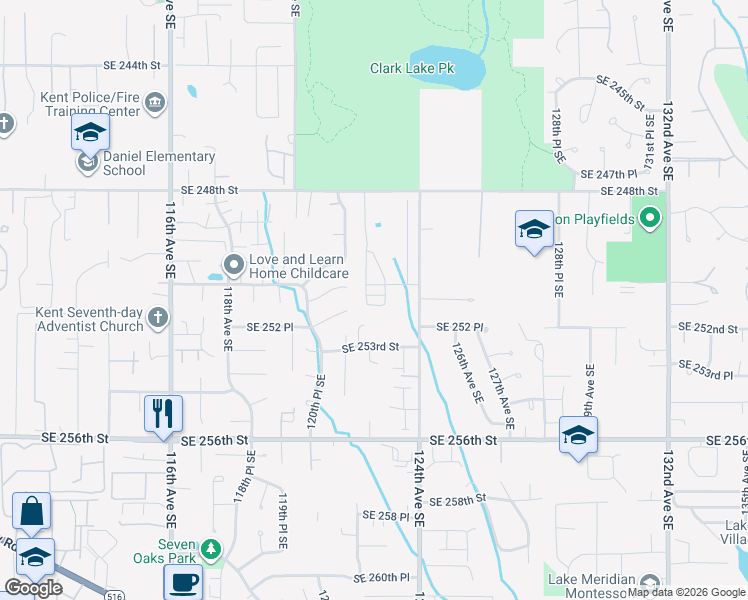 map of restaurants, bars, coffee shops, grocery stores, and more near 12220 Southeast 251st Place in Kent