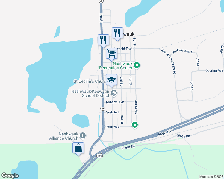 map of restaurants, bars, coffee shops, grocery stores, and more near 400 2nd Street in Nashwauk