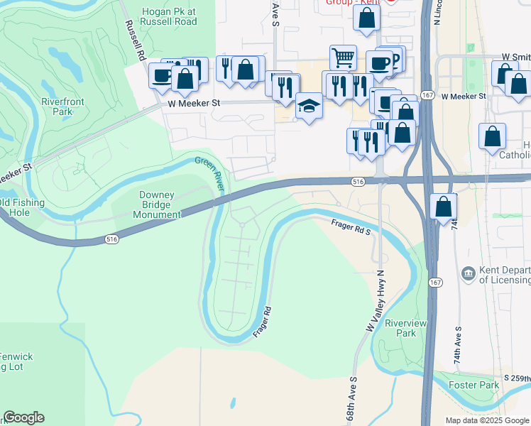 map of restaurants, bars, coffee shops, grocery stores, and more near 25110 62nd Place South in Kent