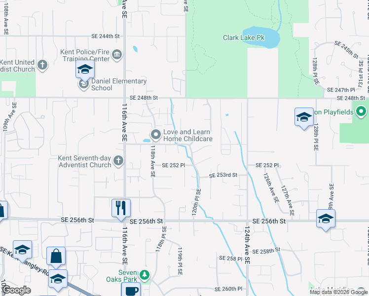 map of restaurants, bars, coffee shops, grocery stores, and more near 25123 120th Place Southeast in Kent