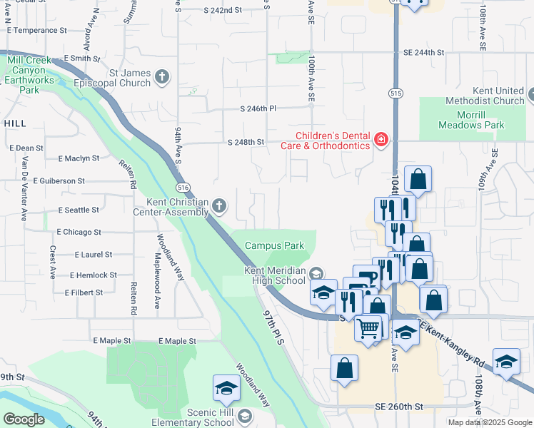 map of restaurants, bars, coffee shops, grocery stores, and more near 25005 98th Place South in Kent