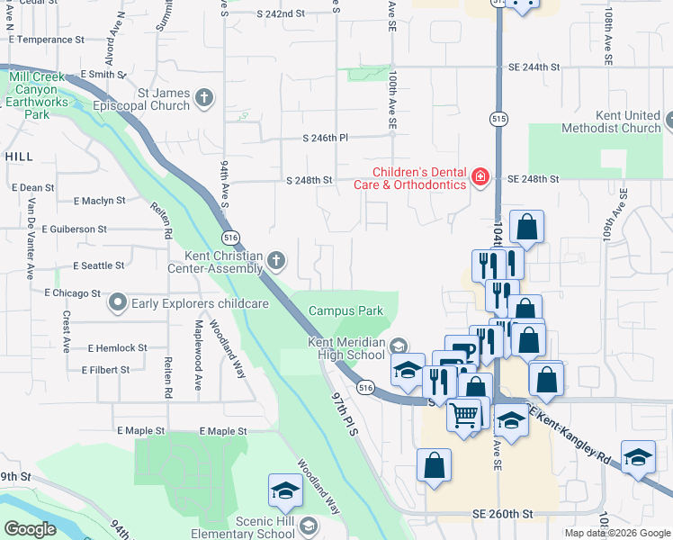 map of restaurants, bars, coffee shops, grocery stores, and more near 25005 98th Place South in Kent