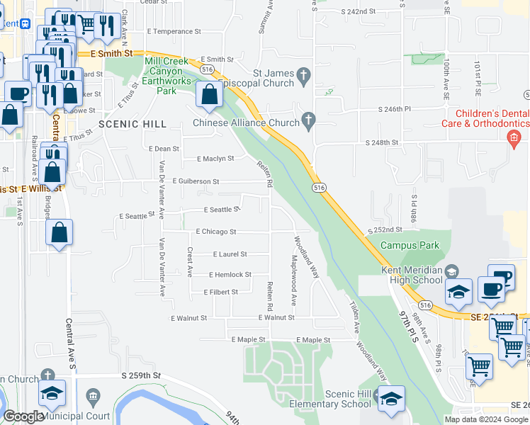 map of restaurants, bars, coffee shops, grocery stores, and more near 524 View Place in Kent