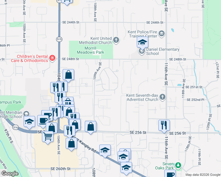 map of restaurants, bars, coffee shops, grocery stores, and more near 11043 Southeast 250th Court in Kent