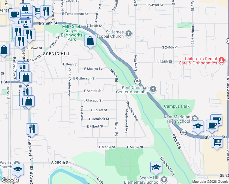 map of restaurants, bars, coffee shops, grocery stores, and more near 524 View Place in Kent