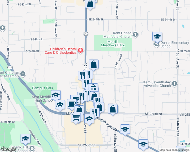map of restaurants, bars, coffee shops, grocery stores, and more near 10508 Southeast 250th Place in Kent