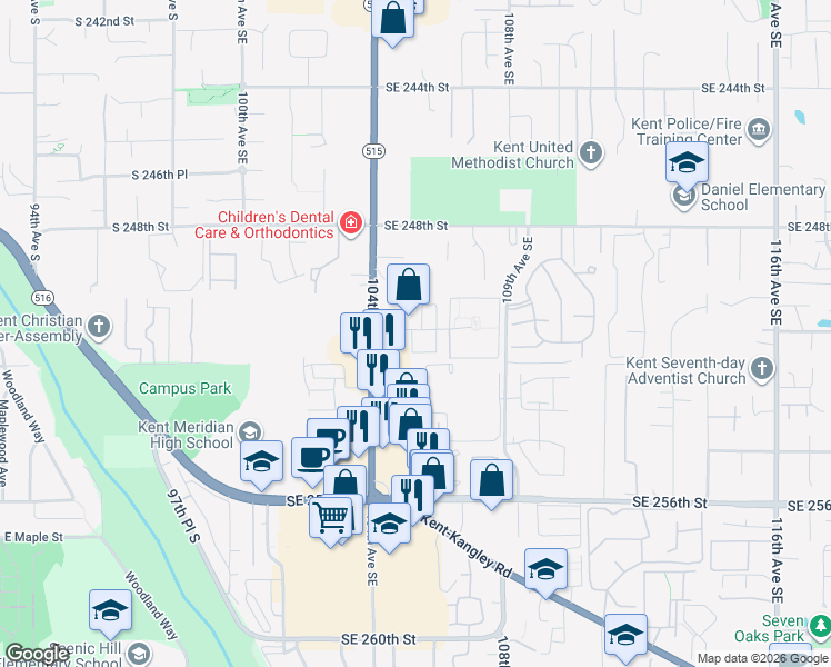 map of restaurants, bars, coffee shops, grocery stores, and more near 10508 Southeast 250th Place in Kent