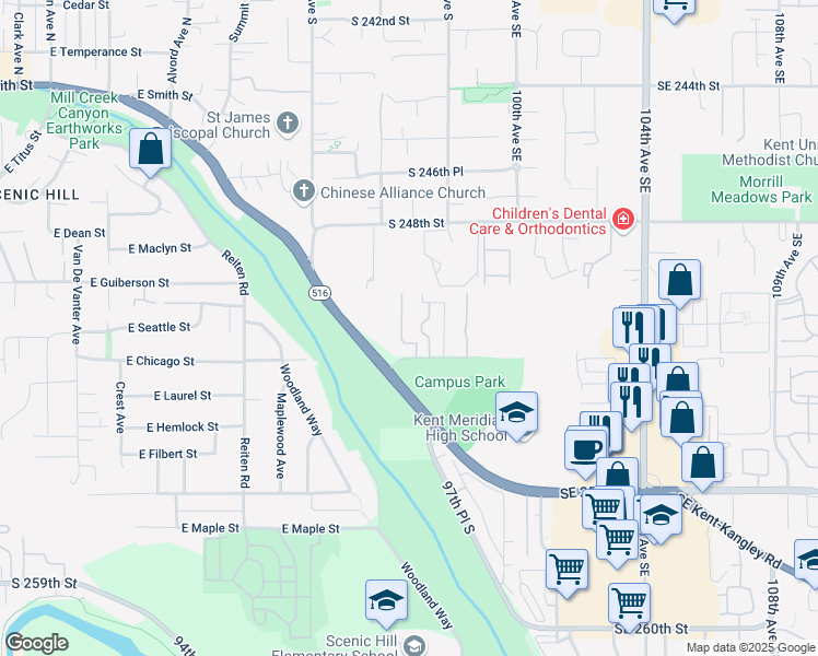 map of restaurants, bars, coffee shops, grocery stores, and more near 25012 97th Place South in Kent