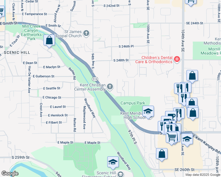 map of restaurants, bars, coffee shops, grocery stores, and more near 9440 Canyon Drive in Kent