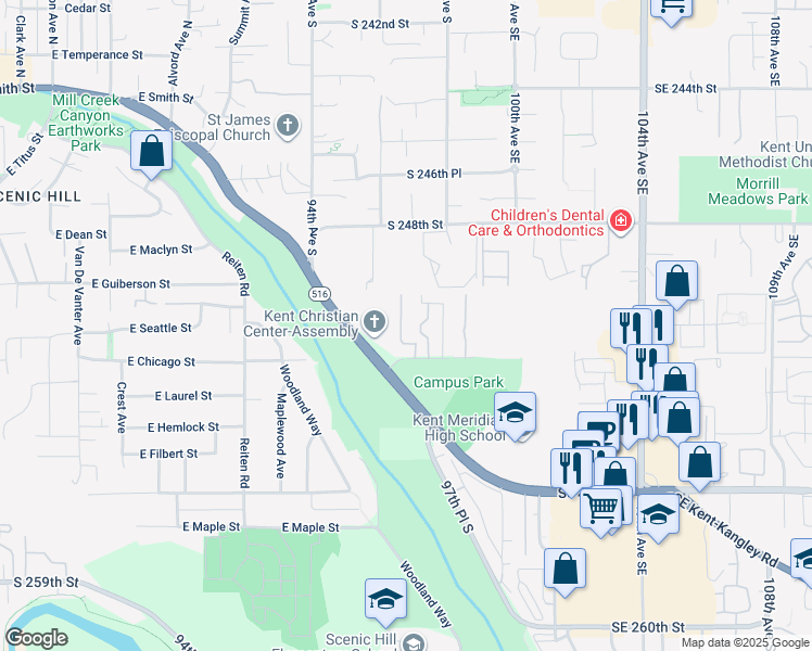 map of restaurants, bars, coffee shops, grocery stores, and more near 25012 97th Place South in Kent