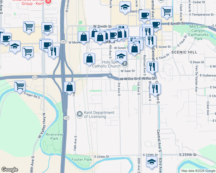 map of restaurants, bars, coffee shops, grocery stores, and more near 503 4th Avenue South in Kent