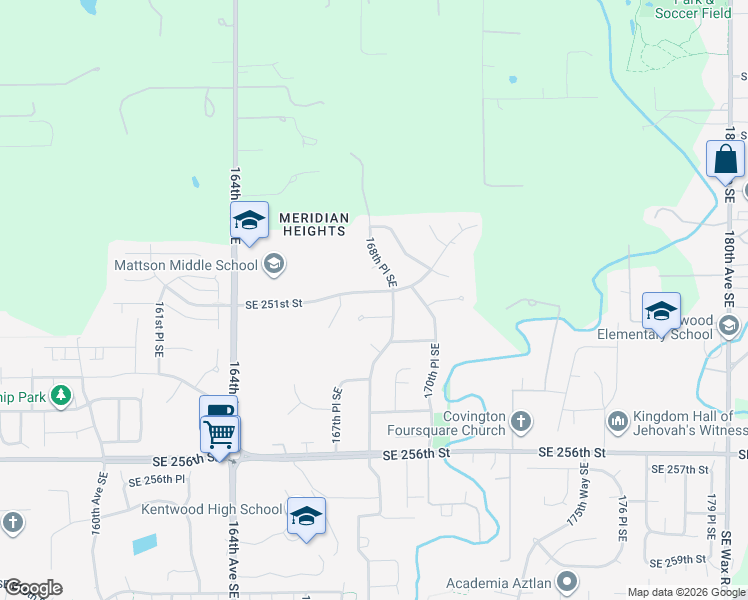 map of restaurants, bars, coffee shops, grocery stores, and more near 16738 Southeast 251st Street in Covington