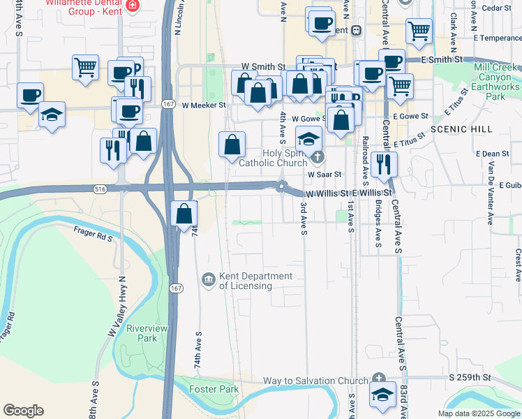 map of restaurants, bars, coffee shops, grocery stores, and more near 624 West Willis Street in Kent