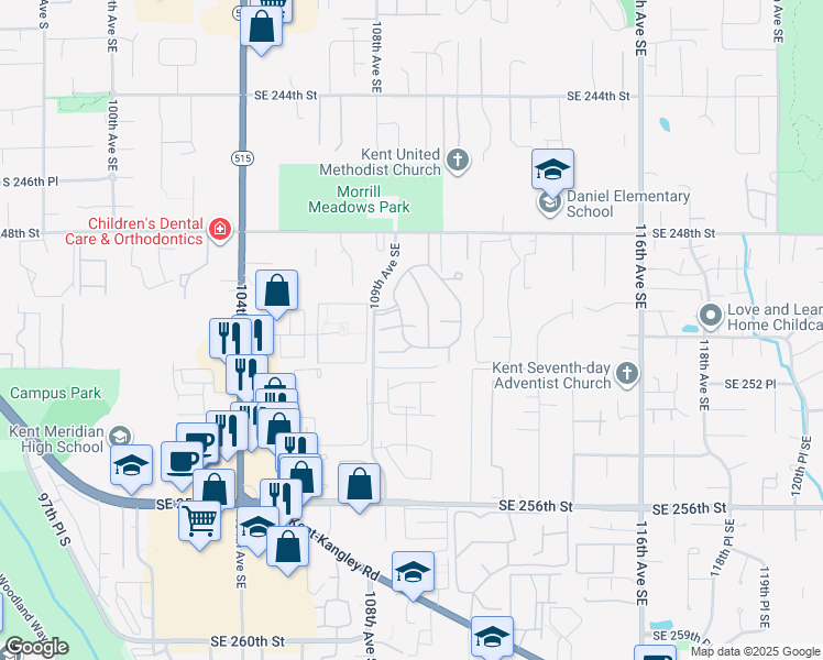 map of restaurants, bars, coffee shops, grocery stores, and more near 25004 109th Place Southeast in Kent