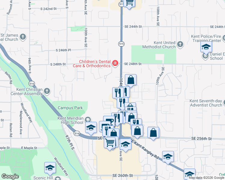map of restaurants, bars, coffee shops, grocery stores, and more near 25035 104th Avenue Southeast in Kent