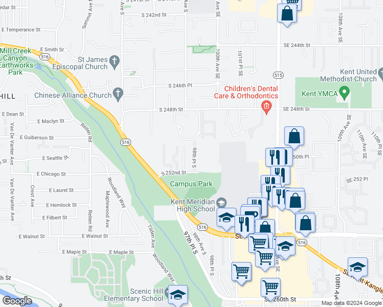 map of restaurants, bars, coffee shops, grocery stores, and more near 25035 98th Place South in Kent