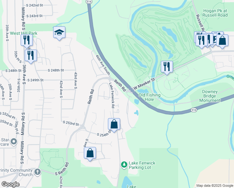 map of restaurants, bars, coffee shops, grocery stores, and more near 25062 Lake Fenwick Road in Kent