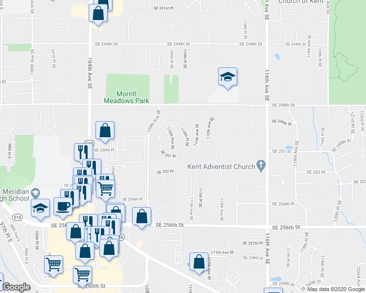 map of restaurants, bars, coffee shops, grocery stores, and more near 11043 Southeast 250th Court in Kent