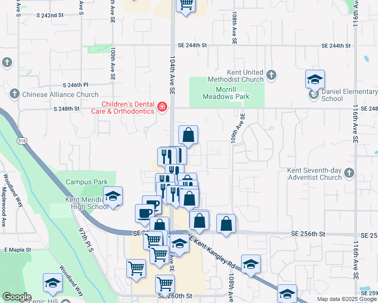map of restaurants, bars, coffee shops, grocery stores, and more near 10508 Southeast 250th Place in Kent